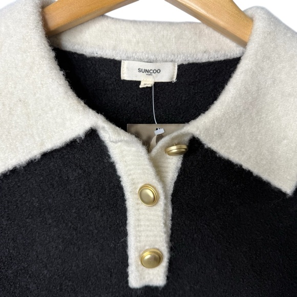 Suncoo Polo Sweater Top Black White Size Small Gold Buttons Pacival Two Tone T1 - Picture 3 of 9